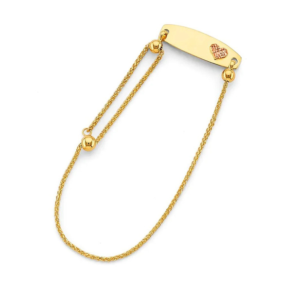 14K YELLOW GOLD Adjustable Heart ID Bracelet 4.5" TO 7" INCHES
